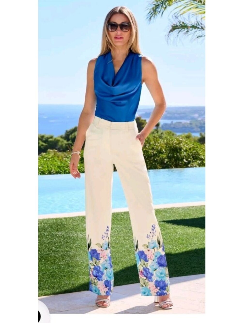 NWT BOSTON PROPER Garden Fete Floral Print Trouser Pants in White Blue Multi 18